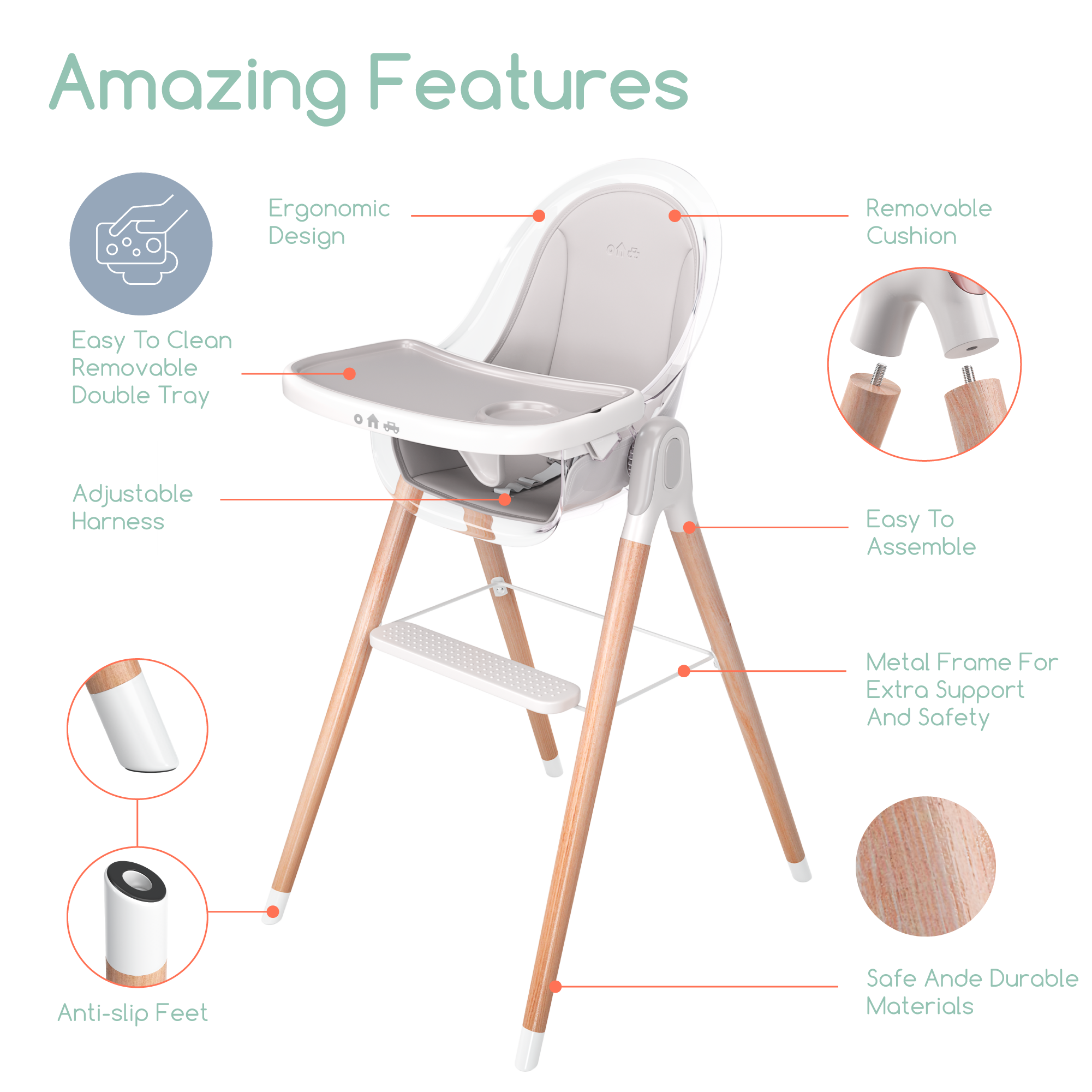 Children of Design Classic Non-Reclinable High Chair with Removable Seat Cushion
