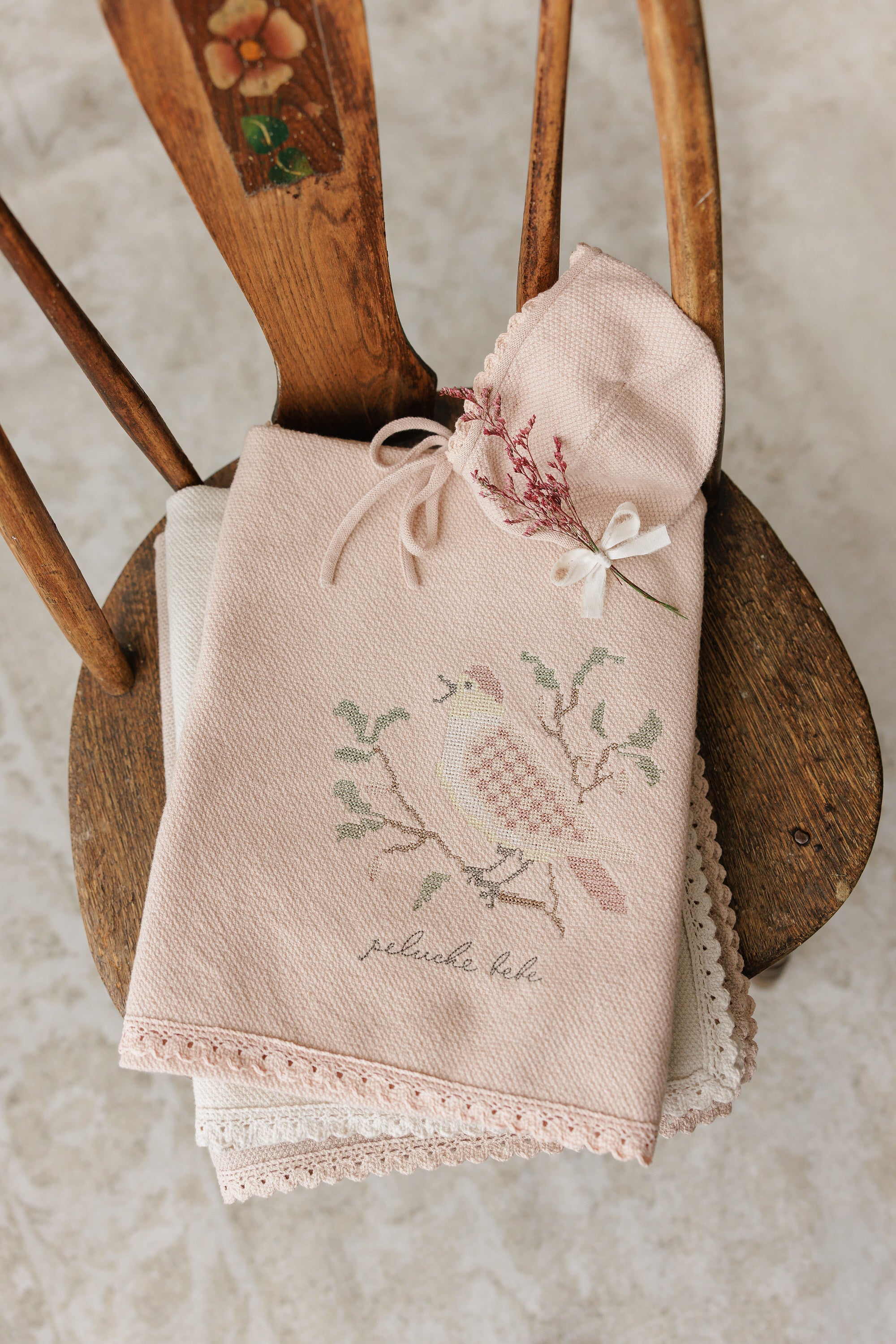 Peluche Knit Cross Stitch Blanket and Bonnet Set