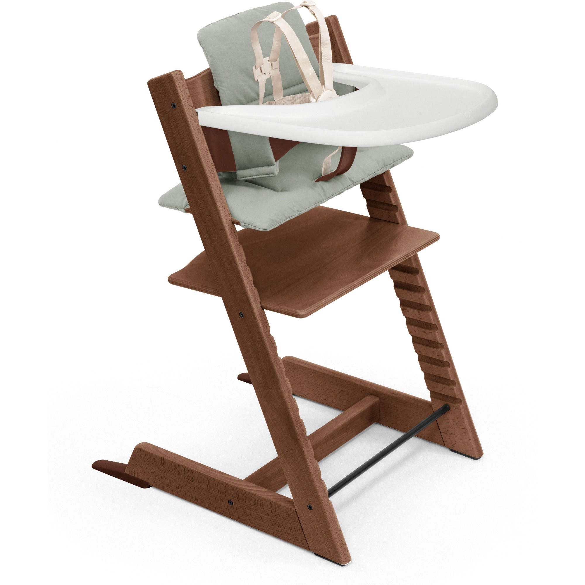 Tripp Trapp High Chair² with Cushion + Stokke Tray Warm Brown + Glacier Green Cushion