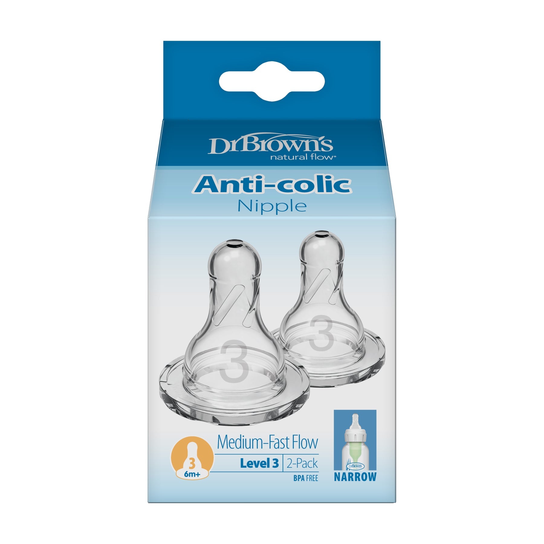 Dr. Brown's Natural Flow Narrow Baby Bottle Silicone Nipple | 2-Pack