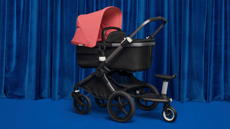 Mega babies’ Bugaboo bassinet stroller is compatible with the Bugaboo Wheeled Board for your toddler’s comfort.