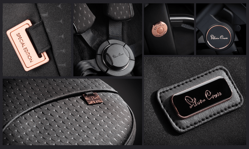 Mega babies' Silver Cross Comet is a special edition stroller with unique 3D sculpted black fabrics.