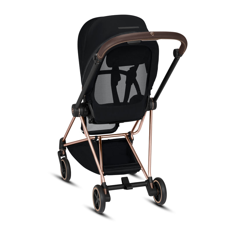 The Cybex Mios stroller sold by Mega babies has a mesh seatback to keep baby cool.