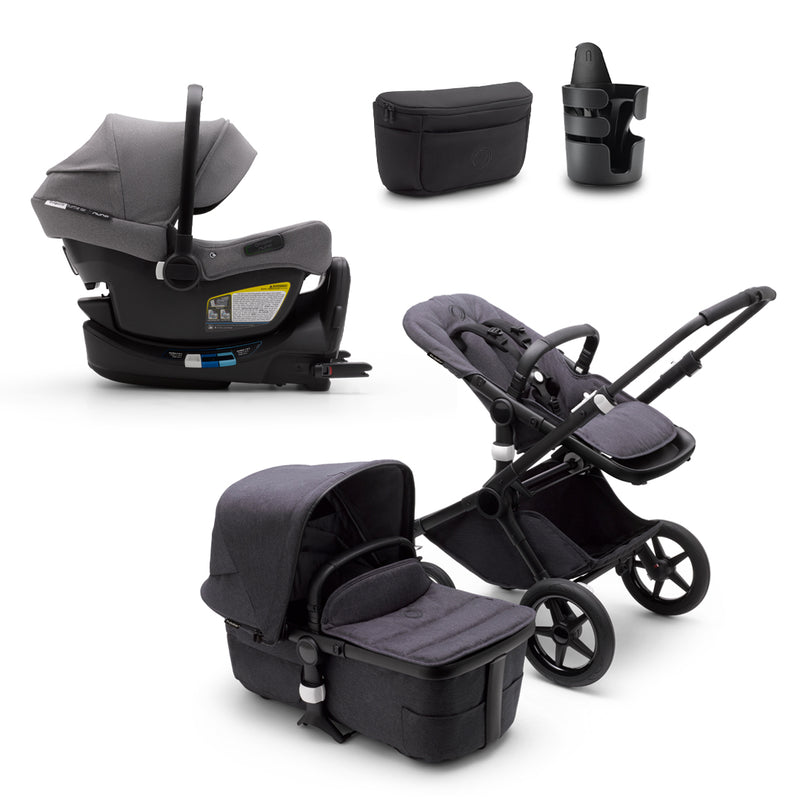 Bugaboo Fox 3 Mineral Collection bassinet and seat stroller Mineral  collection washed black sun canopy, mineral collection washed black  fabrics, black chassis