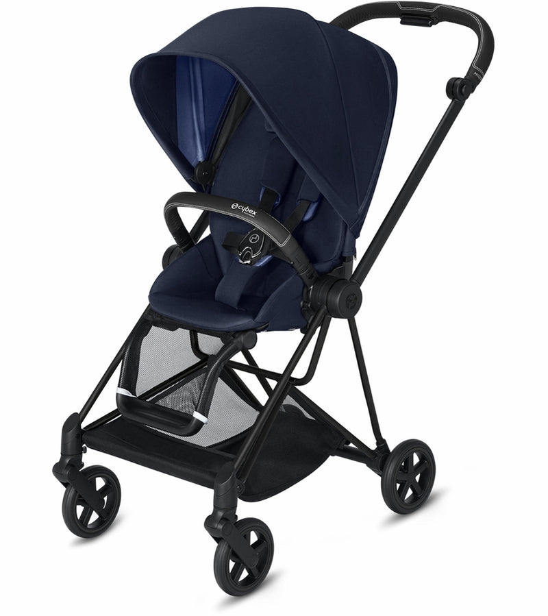 Mega babies' Cybex Mios stroller features lockable swivel front wheels for stability on uneven surfaces.