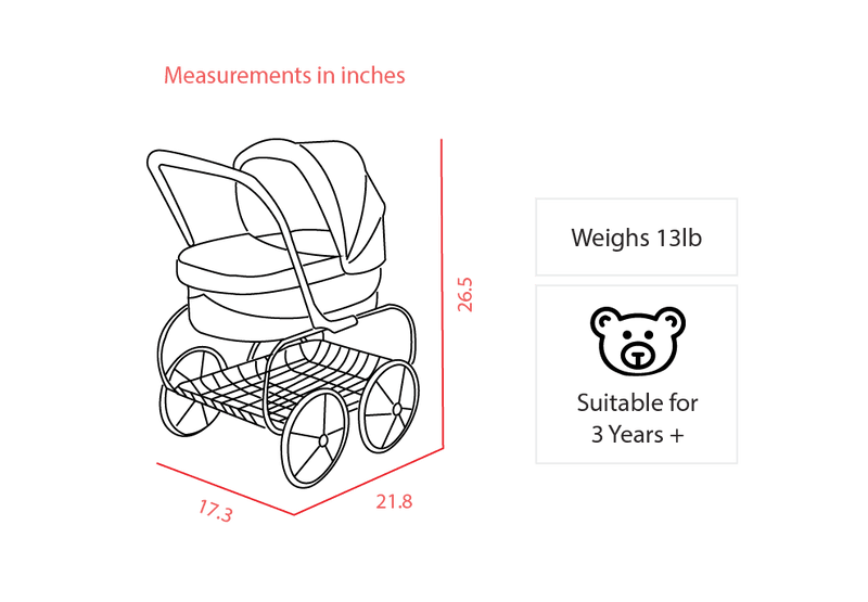 The Valco Doll Stroller from Mega babies is suitable for children aged 3 years plus.